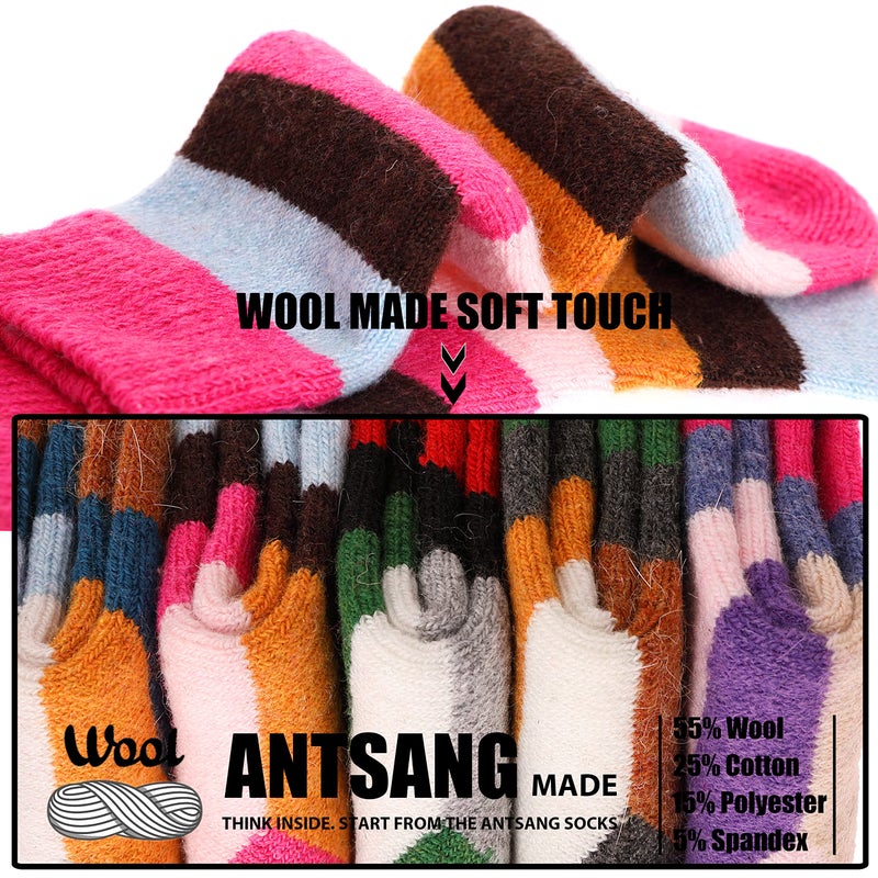 ANTSANG Kids Merino Wool Hiking Socks Toddlers Boys Girls Winter Warm Thick Thermal Crew Boot Heavy Cozy Snow Cabin Gift Snowboarding Socks 6 Pairs for Childs(Color Stripe,8-12Y) - Image 3
